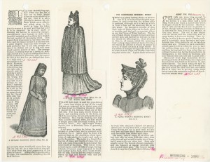 a page from a research notebook from Nancy Rexford with 3 illustrations of mourning dress and text